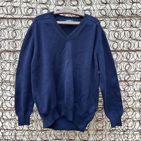 Vintage 90s Lands' End Navy Blue V-Neck Knit Grandpa Sweater Cozy XL TALL - Picture 1 of 7